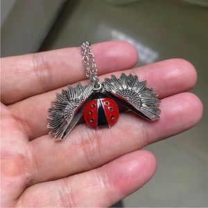 Sunflower Ladybug Silver Locket Charm Necklace